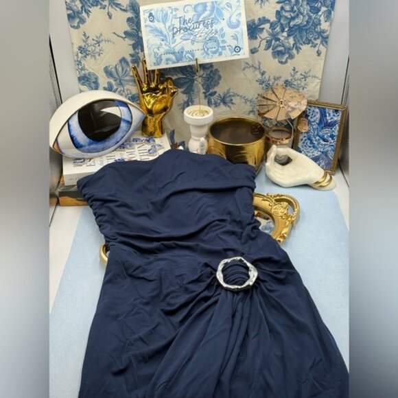 🆕 SIMKHAI 🧿 NWOT Emma Draped Jersey Bustier Midi Dress, Midnight Blue Sz US 4 - Picture 11 of 16